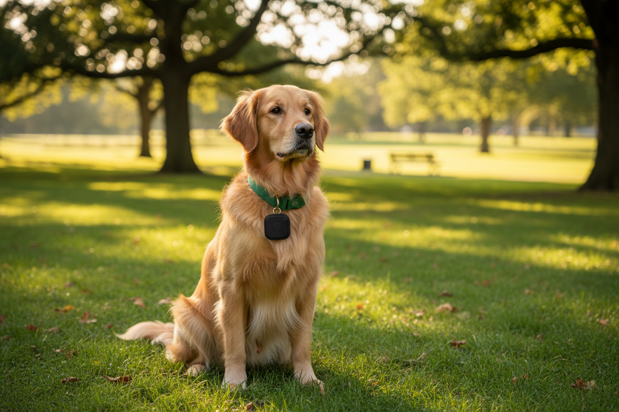 Golden retriever sitting on a grassy field with trees in the background