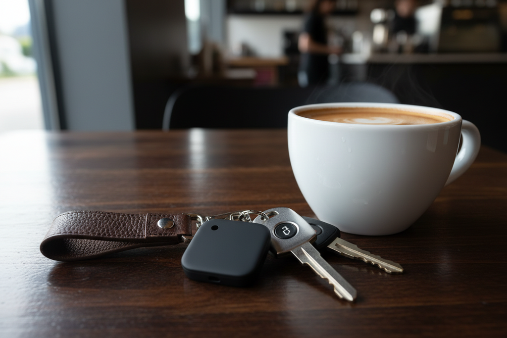 White mug of coffee on a wooden table with keys and a wallet.