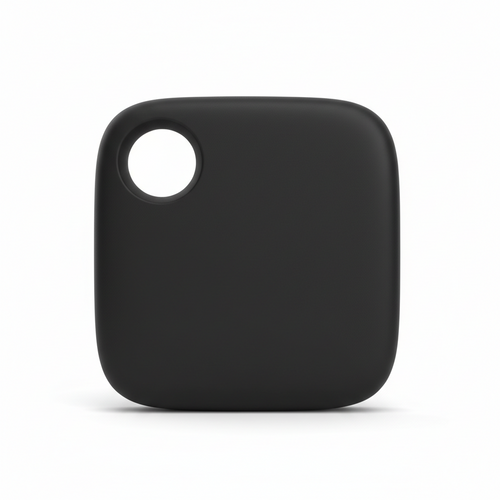 Black square-shaped device with a circular cutout on a white background